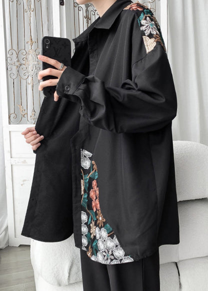 Black Button Cotton Neutral Coats Peter Pan Collar Long Sleeve Qa1060