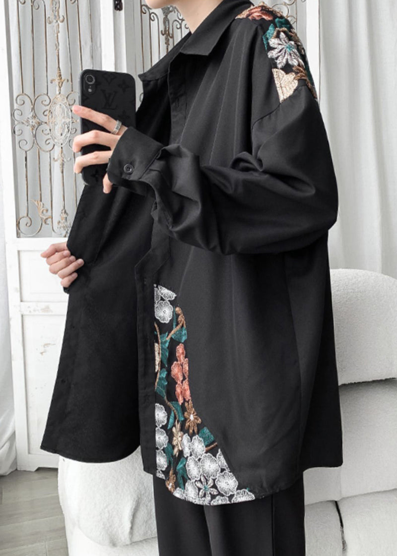 Black Button Cotton Neutral Coats Peter Pan Collar Long Sleeve Qa1060