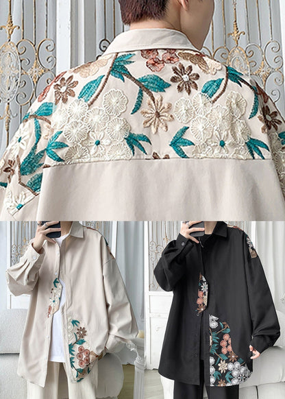 Black Button Cotton Neutral Coats Peter Pan Collar Long Sleeve Qa1060