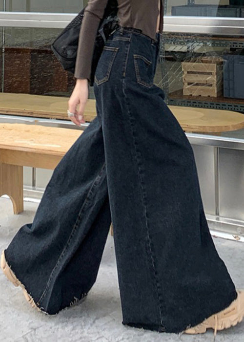 Black Button Denim Wide Leg Pants High Waist Pp027