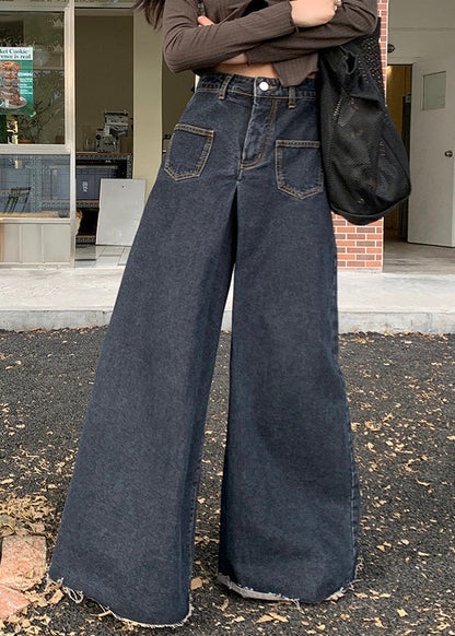 Black Button Denim Wide Leg Pants High Waist Pp027