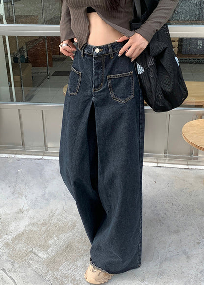 Black Button Denim Wide Leg Pants High Waist Pp027