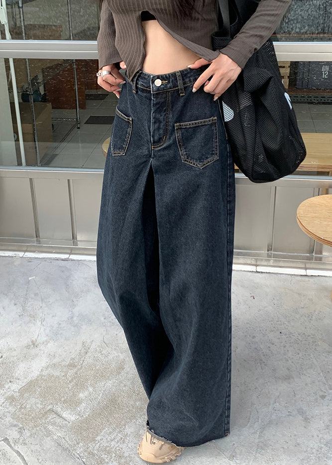 Black Button Denim Wide Leg Pants High Waist Pp027