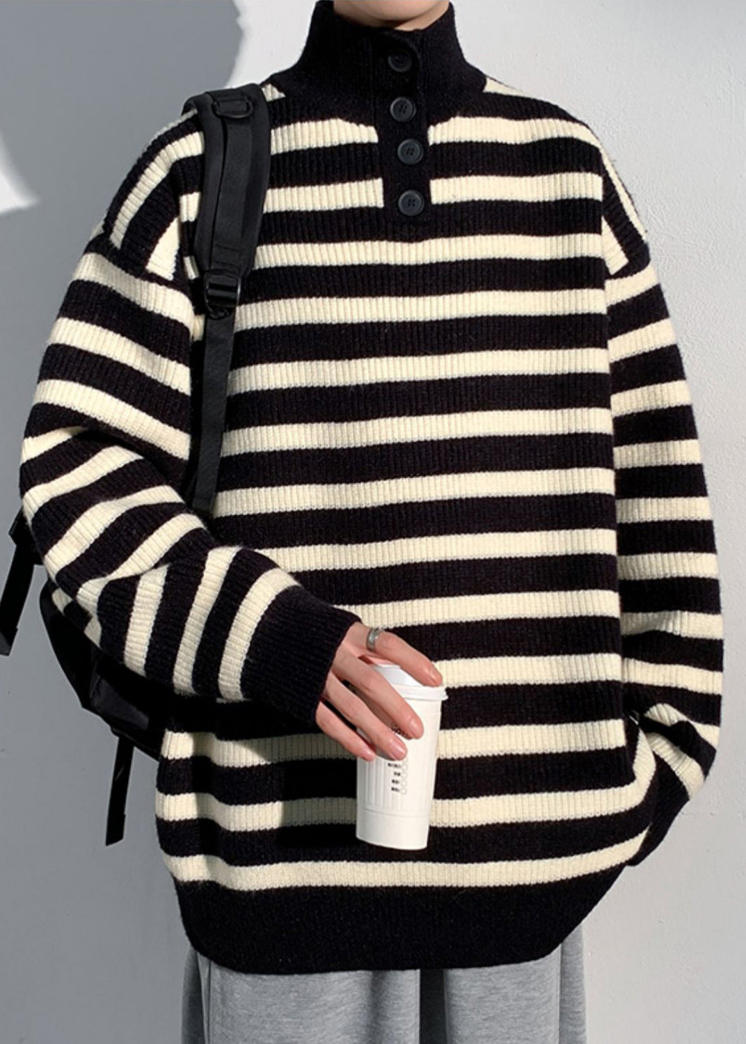 Black Button Knit Sweaters Turtleneck Winter Rj045