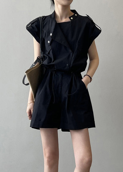 Black Button Linen Jumpsuits High Waist Short Sleeve Qe007