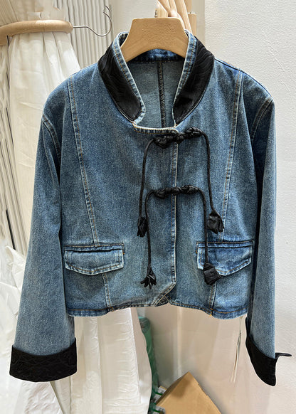 Black Button Patchwork Denim Coats Stand Collar Long Sleeve Qa1064
