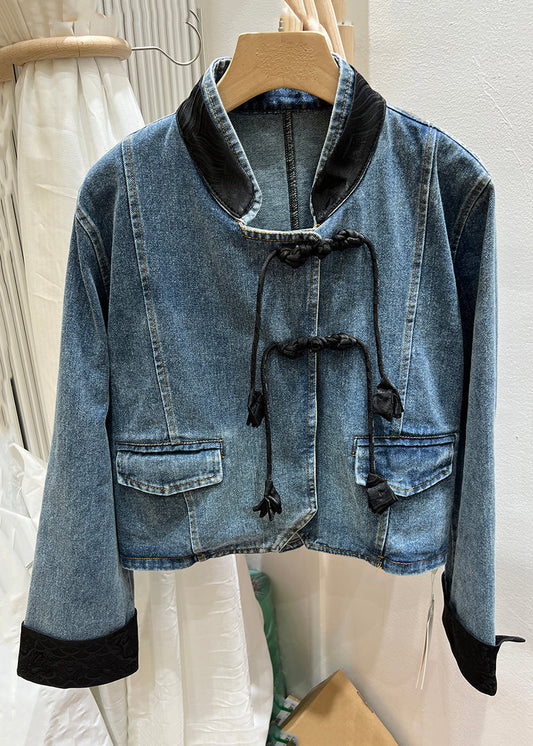 Black Button Patchwork Denim Coats Stand Collar Long Sleeve Qa1064