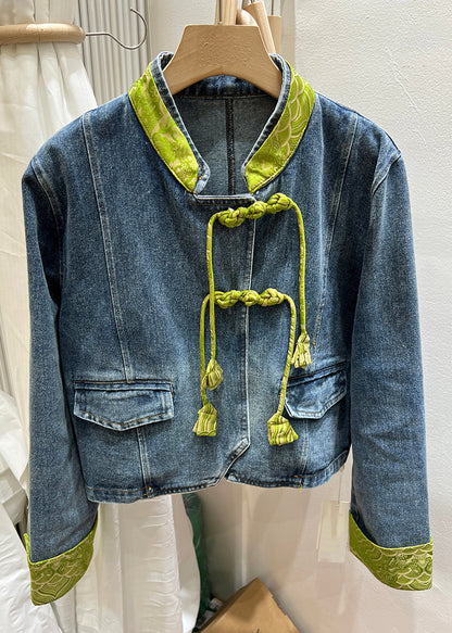 Black Button Patchwork Denim Coats Stand Collar Long Sleeve Qa1064