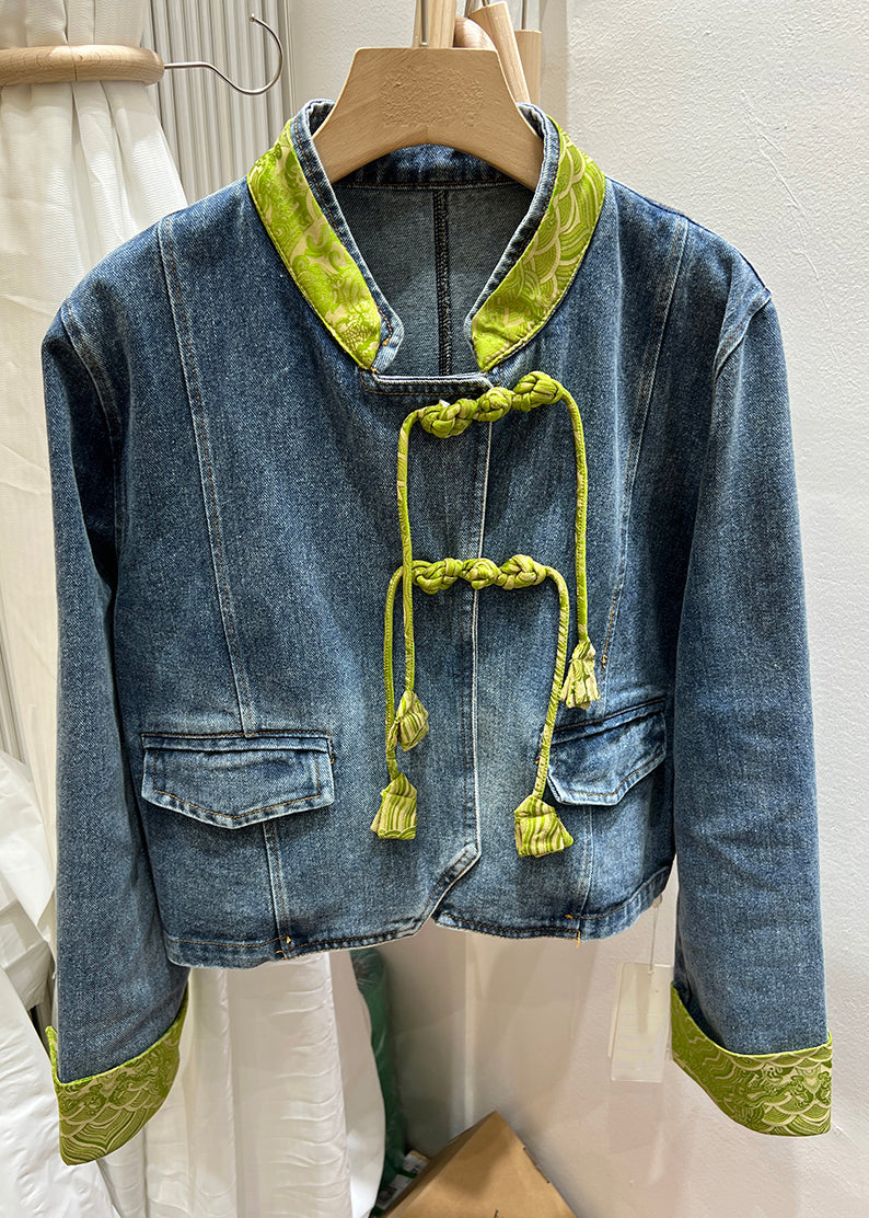 Black Button Patchwork Denim Coats Stand Collar Long Sleeve Qa1064