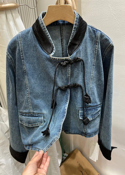 Black Button Patchwork Denim Coats Stand Collar Long Sleeve Qa1064