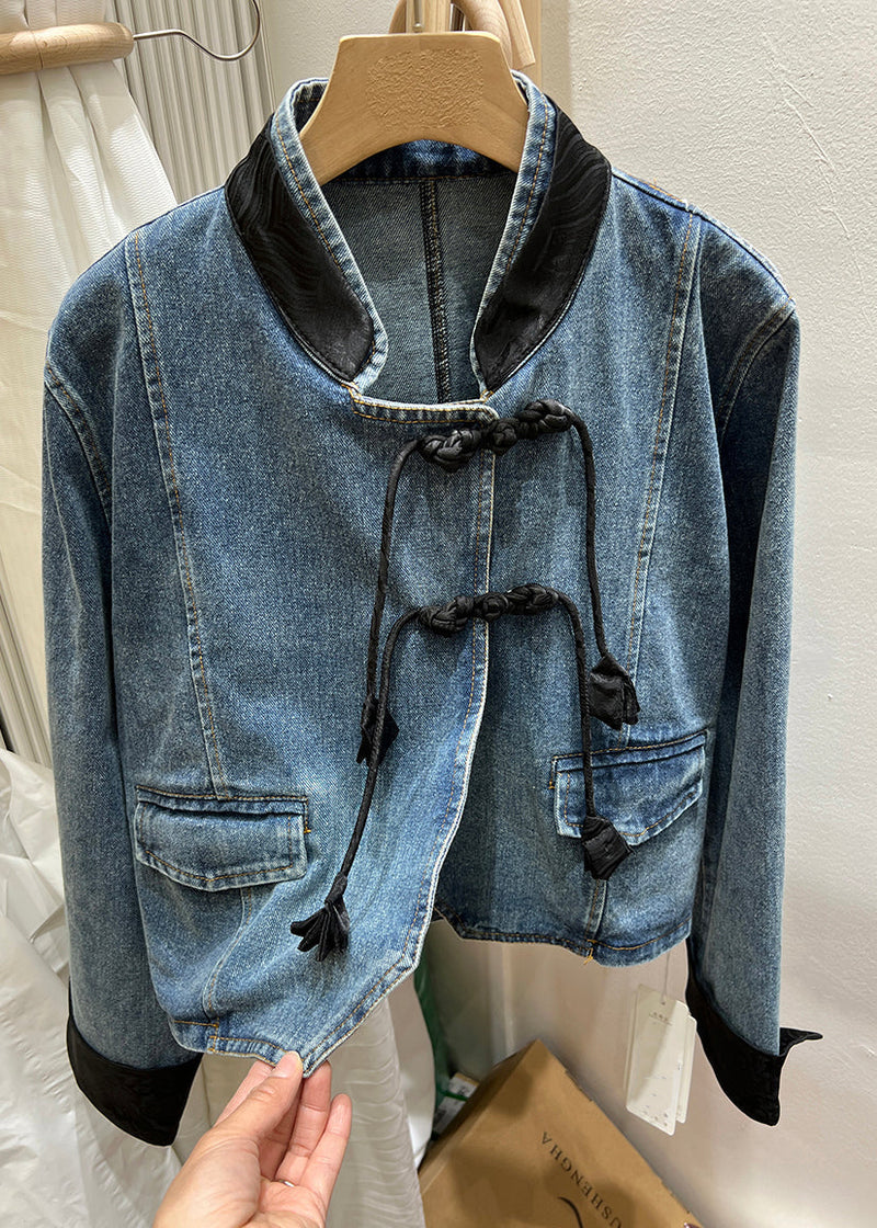 Black Button Patchwork Denim Coats Stand Collar Long Sleeve Qa1064