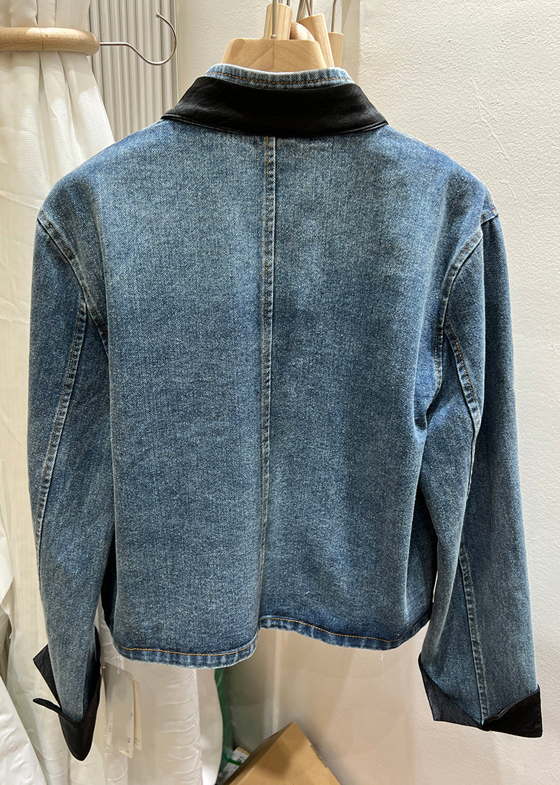 Black Button Patchwork Denim Coats Stand Collar Long Sleeve Qa1064
