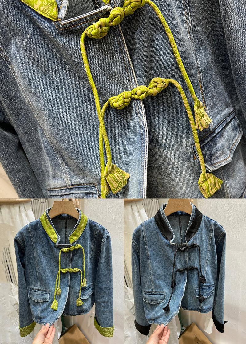Black Button Patchwork Denim Coats Stand Collar Long Sleeve Qa1064