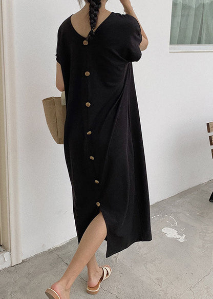 Black Button Patchwork Knit Maxi Dresses O Neck Summer Ly1333