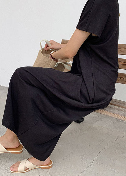 Black Button Patchwork Knit Maxi Dresses O Neck Summer Ly1333
