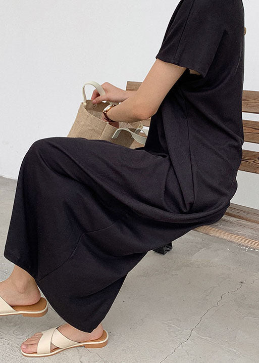 Black Button Patchwork Knit Maxi Dresses O Neck Summer Ly1333