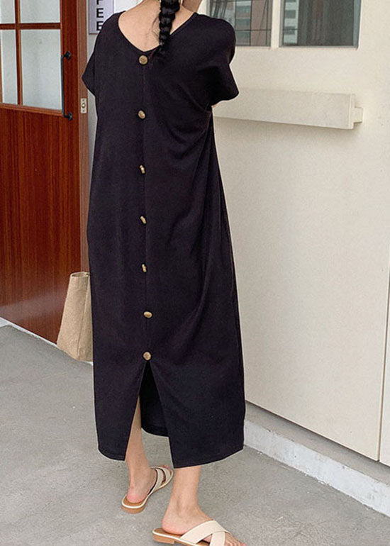 Black Button Patchwork Knit Maxi Dresses O Neck Summer Ly1333