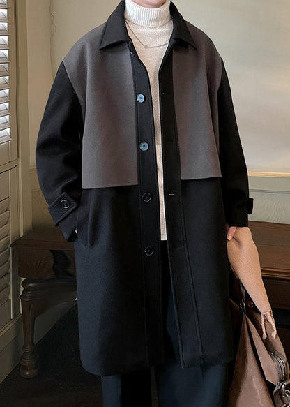 Black Button Pockets Patchwork Woolen Coat Peter Pan Collar Winter Ro050
