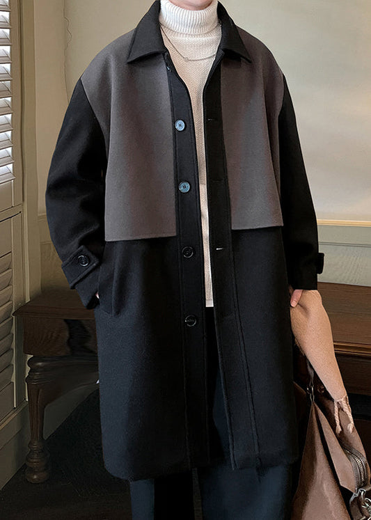Black Button Pockets Patchwork Woolen Coat Peter Pan Collar Winter Ro050