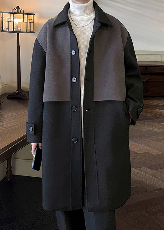 Black Button Pockets Patchwork Woolen Coat Peter Pan Collar Winter Ro050