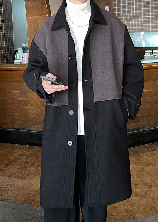 Black Button Pockets Patchwork Woolen Coat Peter Pan Collar Winter Ro050
