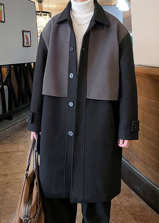 Black Button Pockets Patchwork Woolen Coat Peter Pan Collar Winter Ro050