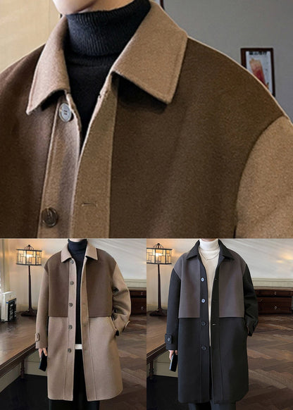 Black Button Pockets Patchwork Woolen Coat Peter Pan Collar Winter Ro050