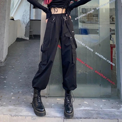 Black Cargo Pants Gothic High Waist Techwear Pants