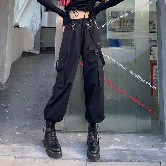 Black Cargo Pants Gothic High Waist Techwear Pants