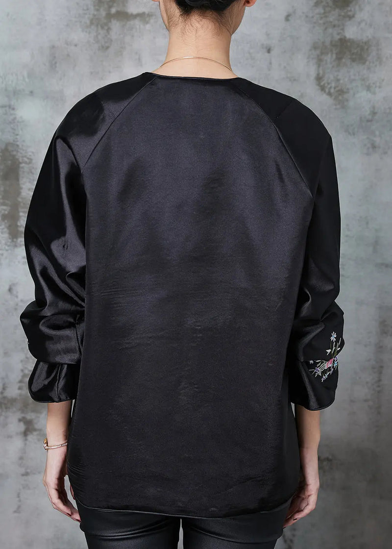Black Chinese Style Silk Coat Embroidered Spring Jk1058