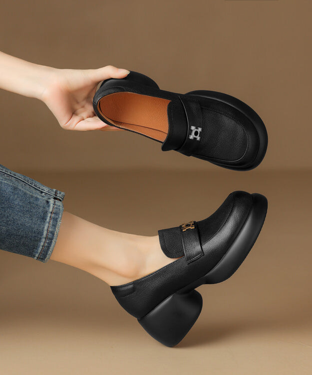 Black Chunky Sheepskin Splicing Loafer Shoes Qk053