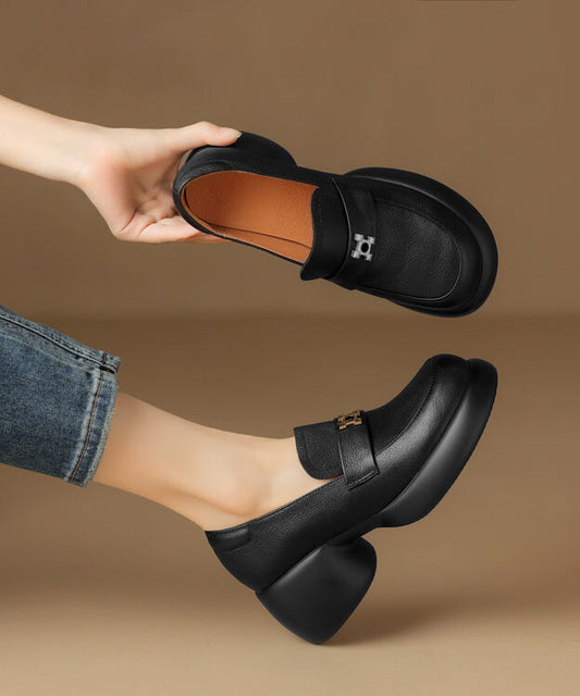 Black Chunky Sheepskin Splicing Loafer Shoes Qk053
