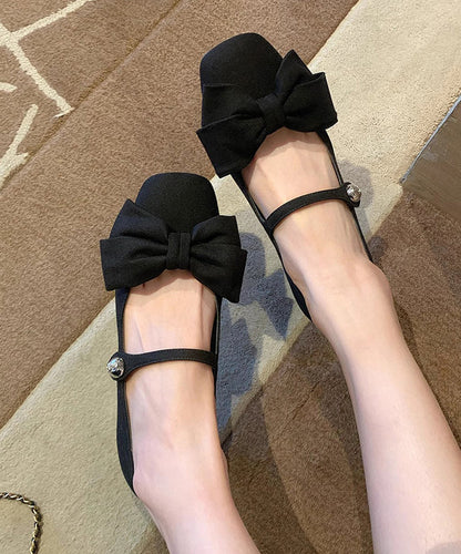Fabric Cotton Flat Black Bow Buckle Shoes Strap Splicing