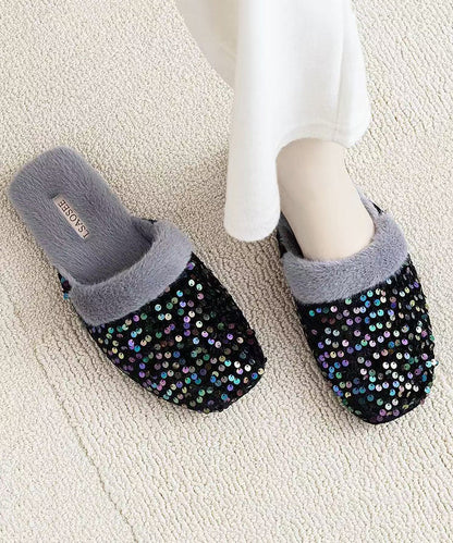 Black Cotton Fabric Slippers Shoes Sequins Fuzzy Wool Lined Rx016