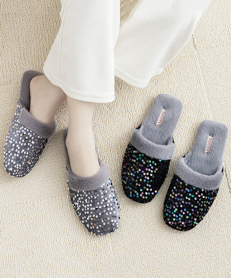 Black Cotton Fabric Slippers Shoes Sequins Fuzzy Wool Lined Rx016