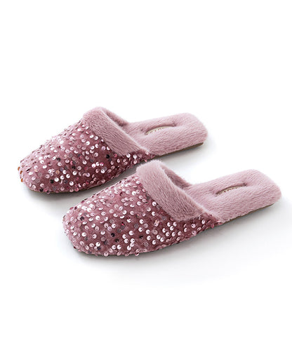 Black Cotton Fabric Slippers Shoes Sequins Fuzzy Wool Lined Rx016