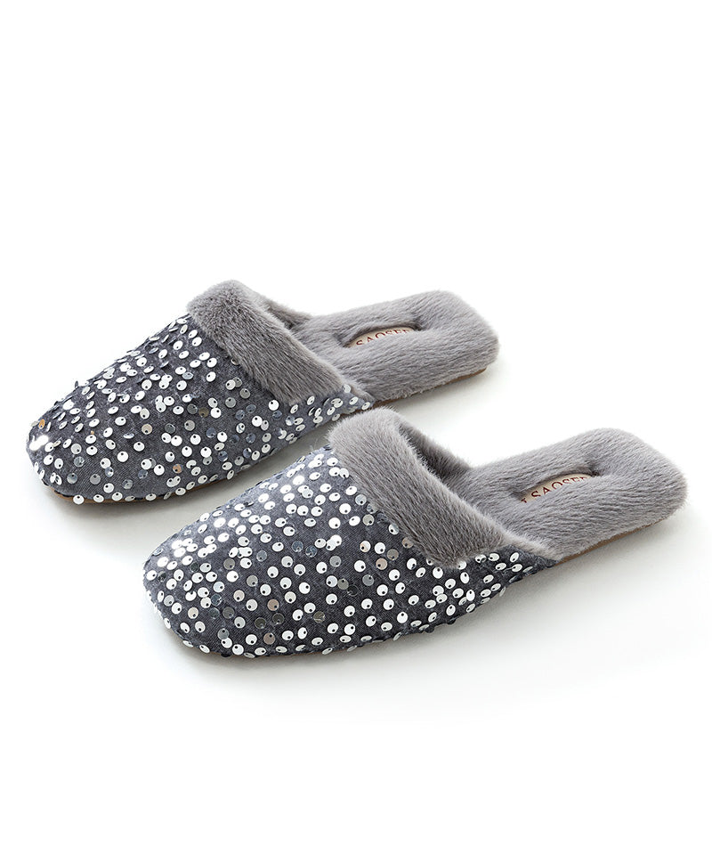 Black Cotton Fabric Slippers Shoes Sequins Fuzzy Wool Lined Rx016