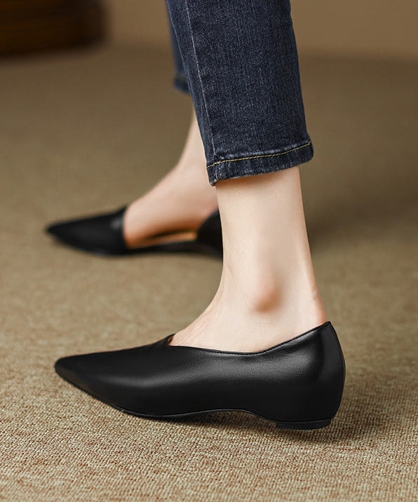 Black Cowhide Leather Splicing Flat Shoes for Ap1002