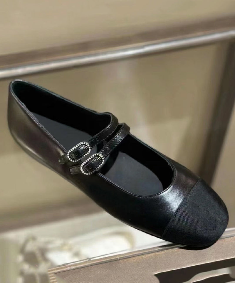 Feet Cowhide Black Leather Shoes Flat Strap Splicing Buckle