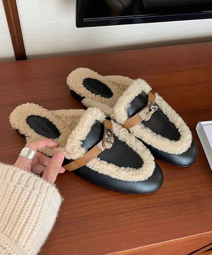 Black Cowhide Leather Slippers Shoes Splicing Fuzzy Wool Lined Tp010