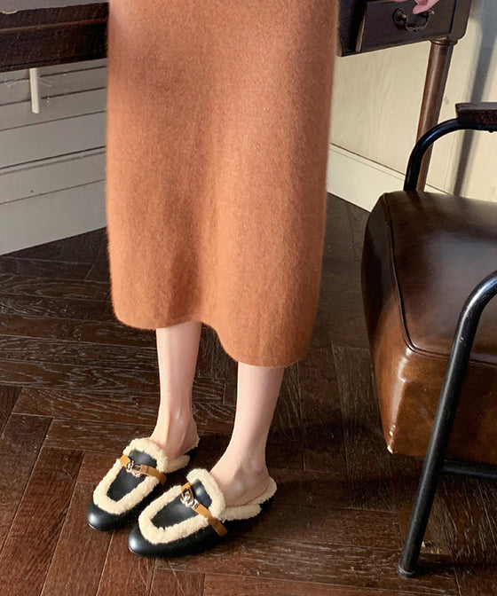 Black Cowhide Leather Slippers Shoes Splicing Fuzzy Wool Lined Tp010