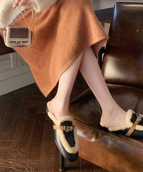 Black Cowhide Leather Slippers Shoes Splicing Fuzzy Wool Lined Tp010