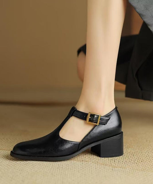 Black Cowhide Chunky Hollow Out Leather Splicing Shoes
