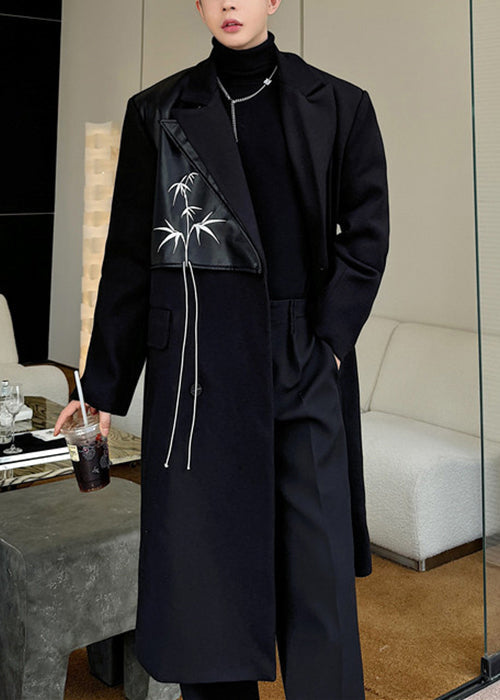Black Double Breast Pockets Woolen Coats Notched Winter Ro048