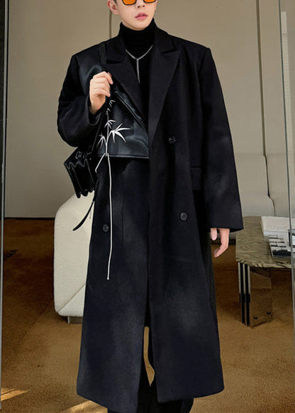 Black Double Breast Pockets Woolen Coats Notched Winter Ro048