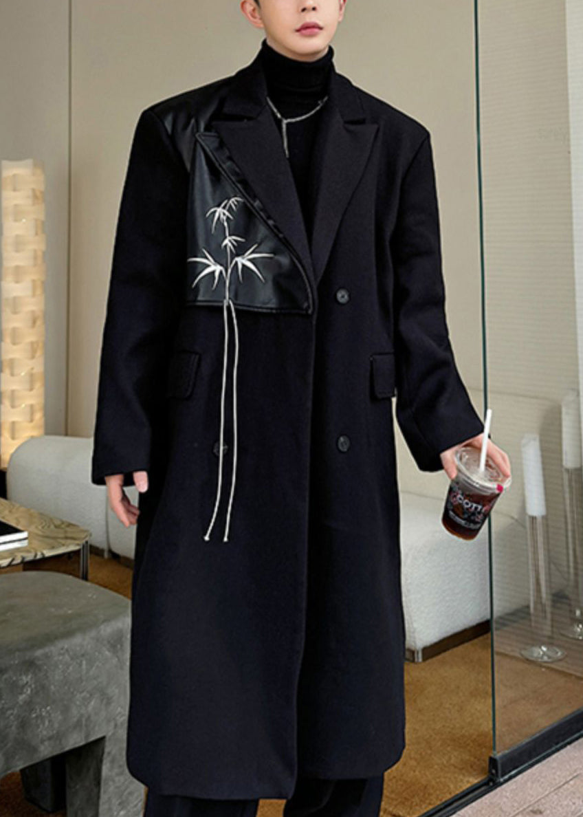 Black Double Breast Pockets Woolen Coats Notched Winter Ro048