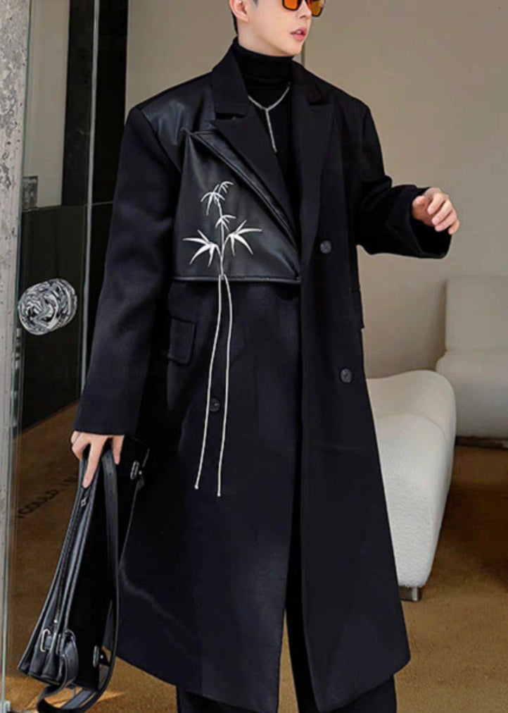 Black Double Breast Pockets Woolen Coats Notched Winter Ro048
