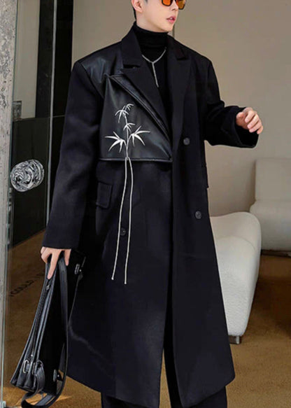 Black Double Breast Pockets Woolen Coats Notched Winter Ro048