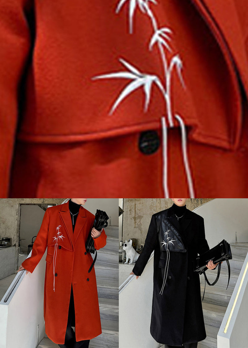 Black Double Breast Pockets Woolen Coats Notched Winter Ro048