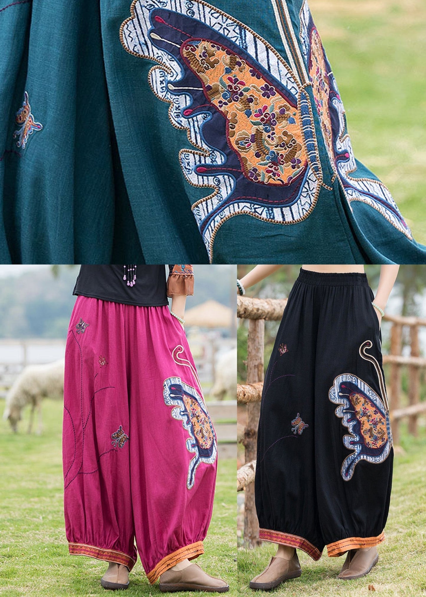 Modern Peacock Blue Patchwork Linen Wide Leg Pants Tq1036